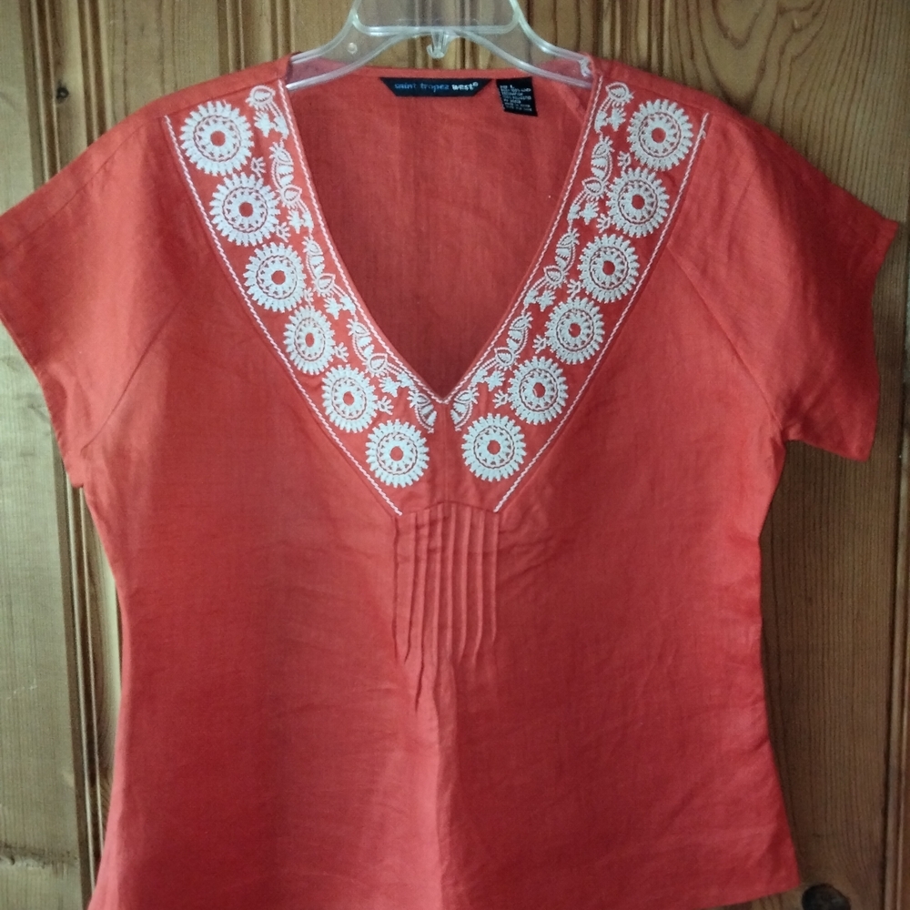 Saint Tropez West Pink Embroidered Short Sleeve Blouse